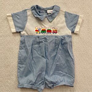 Alexis USA VTG Blue Gingham Romper with Train Embroidery and Peter Pan Collar